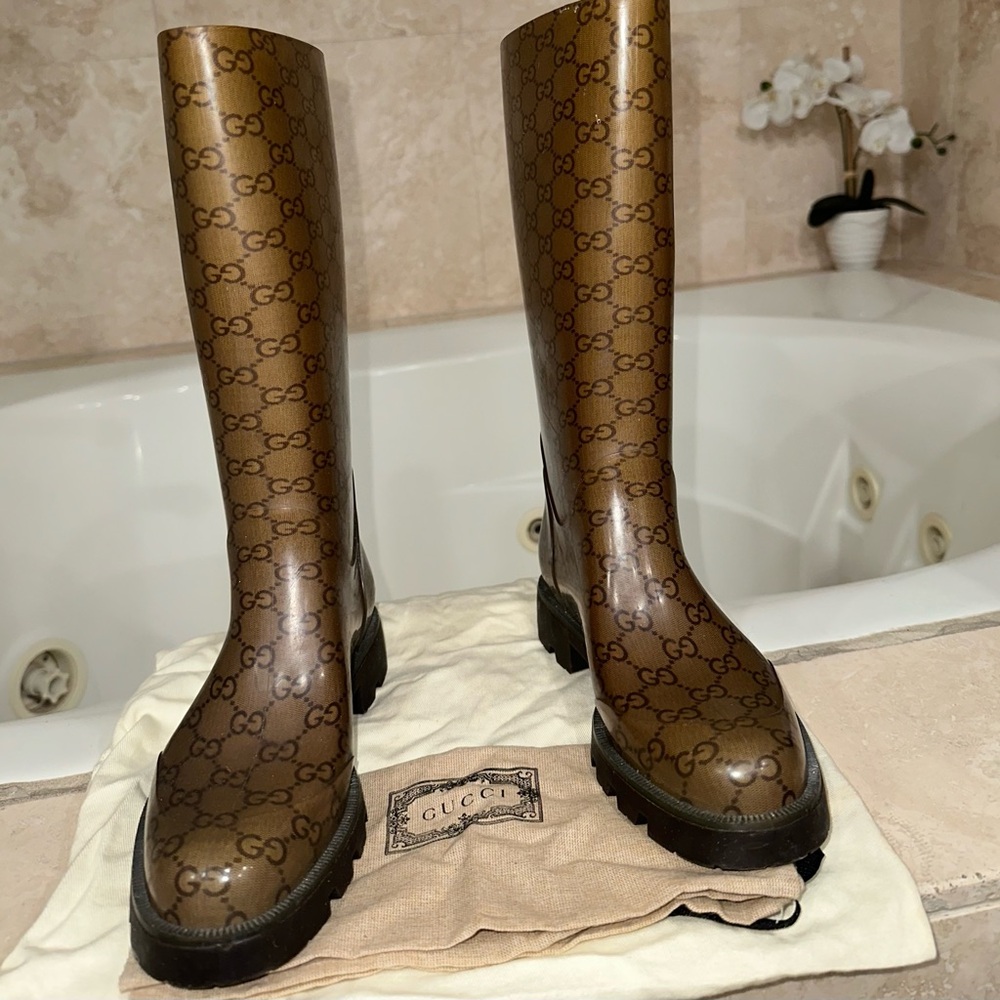 Gucci Brown Monogram Winter Rain Boots